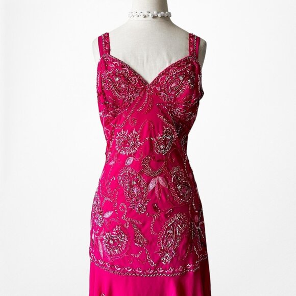 Vintage Pink Floral Beaded Midi Babydoll Bodycon Cocktail Dress Size L - Picture 5 of 11